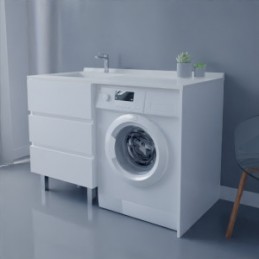 Meuble lave-linge 124 cm vasque déportée à gauche - Blanc brillant