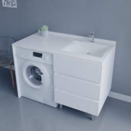 Meuble lave-linge 124 cm vasque déportée à droite - Blanc brillant